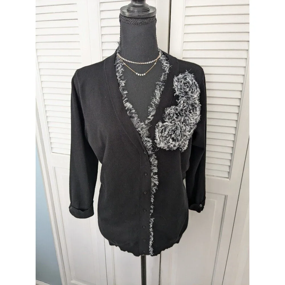 RED Brand Sweater Women's 2X Black V Neck Cardigan 3D Flowers Leopard Chiffon
